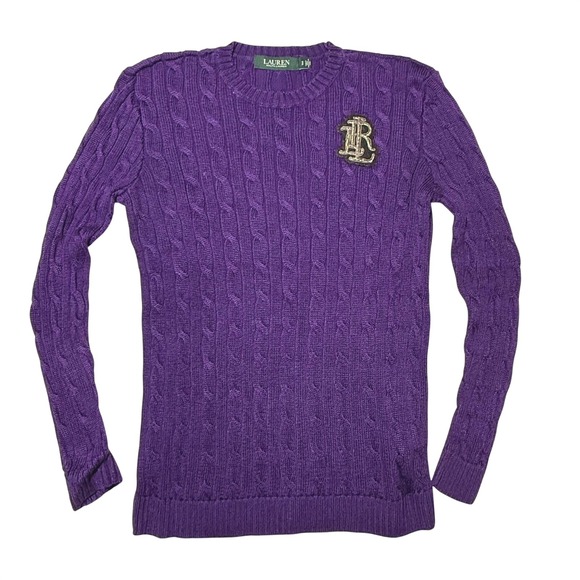 Lauren Ralph Lauren Sweaters - Lauren Ralph Lauren Purple Cable Knit Sweater Small Petite Metallic Crest Emblem